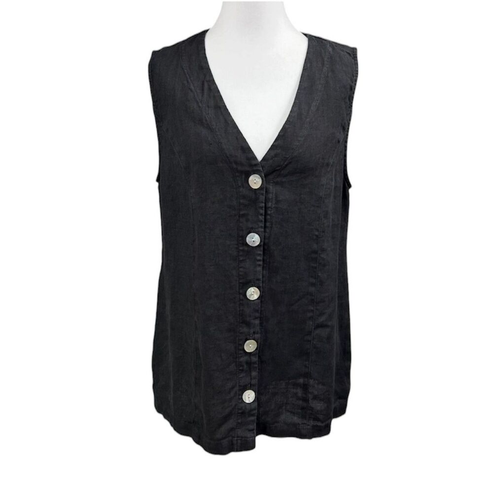 Vintage Carol Anderson Linen Mother of Pearl Button Up Vest Blouse Sz M Black